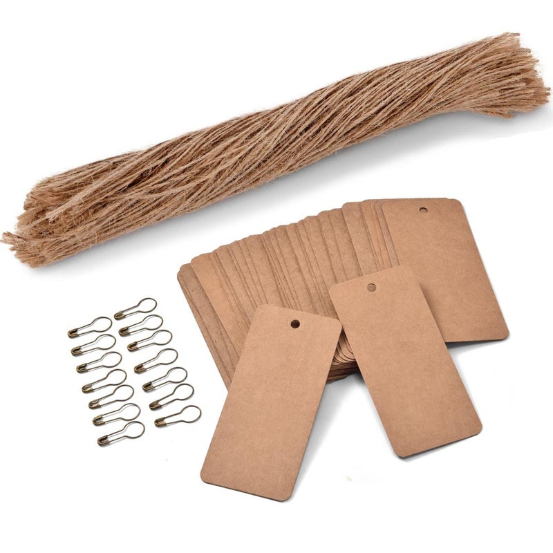 LOOMY 200PCS Price Tags with Pre Cut Jute String and Safety Pins,LOOMY Blank Brown Paper Tags for Retail and Display - Image 1